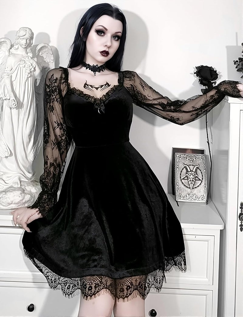 LANSHULAN Store Lace Long Sleeve Dress Black Draped Bodycon Goth Vintage Dresses Clothes - Image 2